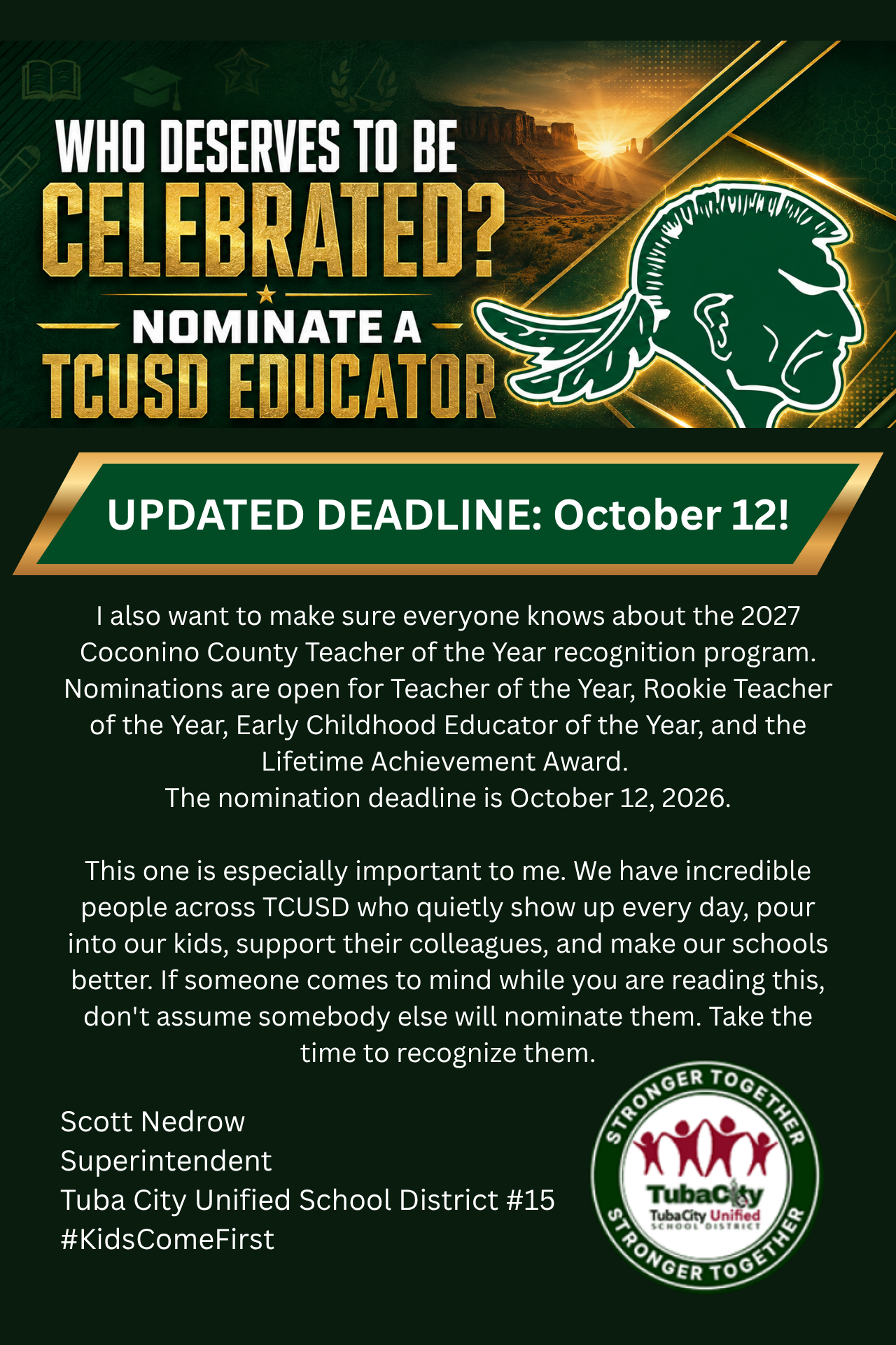 A promotional flyer for TCUSD educator nominations, featuring a dark green and gold design with text calling for nominations by October 12.